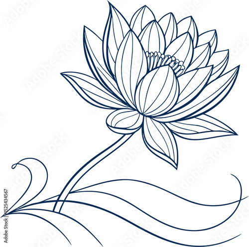 Elegant line art illustration of a blooming lotus flower with detailed petals and stem