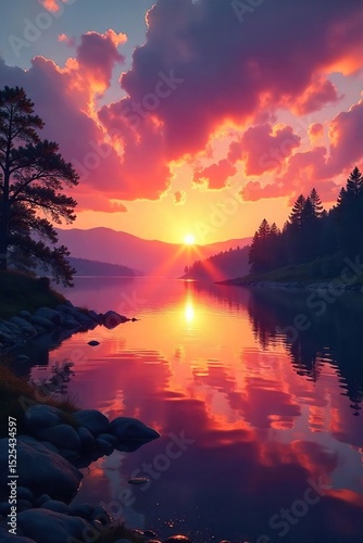 A breathtaking sunrise paints the sky with vibrant hues of pink, orange, and gold, reflecting on a serene lake The tranquil scene is untouched, radiating pure natural beauty , landscape, air