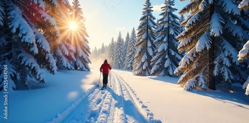 A lone skier glides through a sun-dappled forest, leaving a trail in the pristine snow The trees stand tall and majestic, creating a winter wonderland scene , winter sport, cedar, scenic