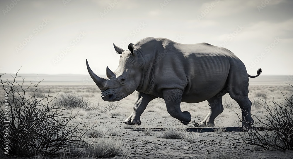 Fototapeta premium White Rhinoceros Charging Across African Savanna Wildlife Conservation