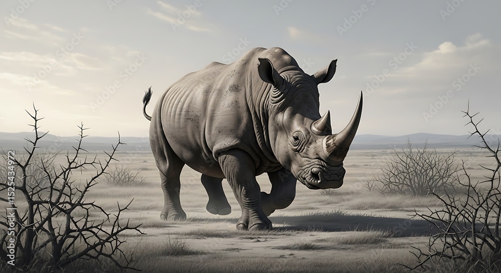 Fototapeta premium White Rhinoceros Charging Across African Savanna Wildlife Conservation