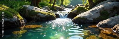 Crystal clear spring water flows over smooth, moss-covered rocks, sunlight dappling the surface Perfect for nature, serenity, and environmental themes , flowing water, sunlight, season