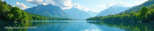 A serene landscape featuring a lush green forest, a tranquil lake reflecting the sky, and majestic mountains in the distance, creating a breathtaking natural background , wildlife, autumn