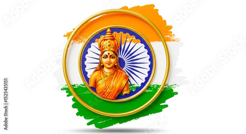beautiful Bharat Mata (Mother India) with Indian Flag, Ashok chakra in golden circle frame for Republic Day, Independence Day of India celebration concept background