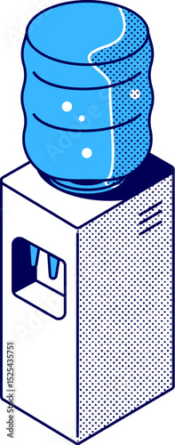 Water dispenser icon. Floor water cooler with glass holder for office and home. Water dispenser with blue full bottle, as well hot and cold water tap. Isolated on white background. Vector illustration
