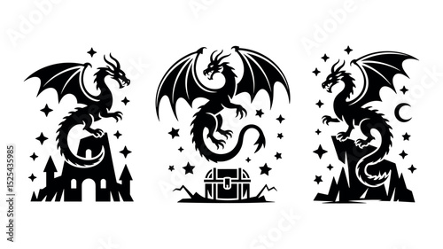 Fantasy Dragon Silhouette Set with Castle, Treasure Chest, and Cliff under Starry Sky
