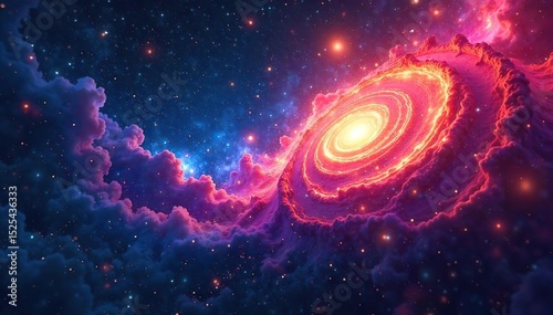 Abstract swirling nebula-like formations in vibrant colors against a dark backdrop, suggesting cosmic connections and intertwined destinies , web, science