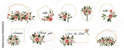 Rose frame. Pink flowers and green leaves. Decorative elements, spring summer elegant elements. Bouquet with blossom. Botanical natural decoration for poster. Vector cartoon flat isolated illustration