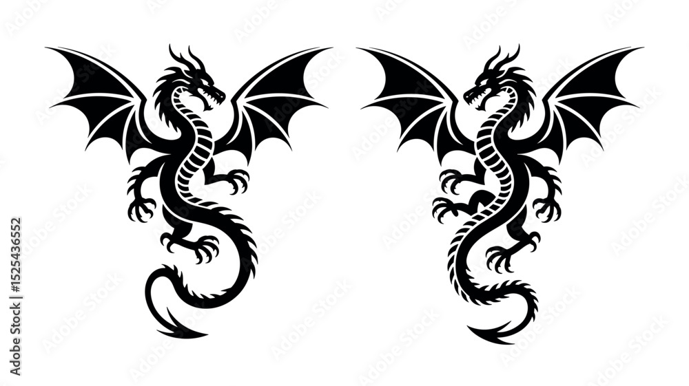 Fototapeta premium Tribal Dragon Silhouette Vector Artwork Framed with Decorative Scroll Border 