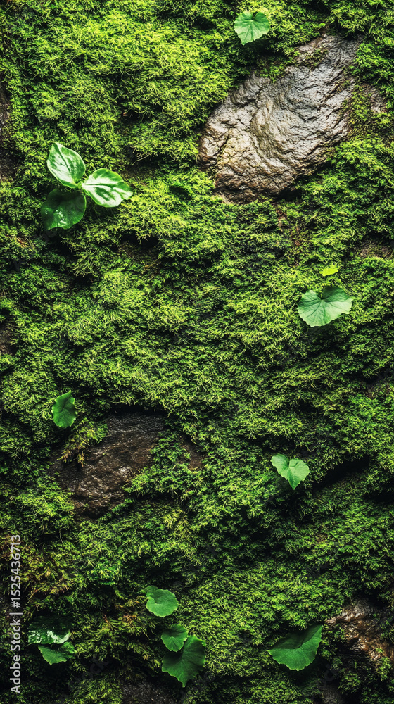 Obraz premium Close-up of vibrant green moss covering a weathered wooden surface, showcasing rich natural texture and organic detail. Vertical composition ideal for nature, design, or eco-themed visuals.