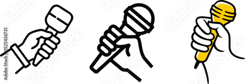 Microphone in hand set of icons bundle, vector, isolated on white background