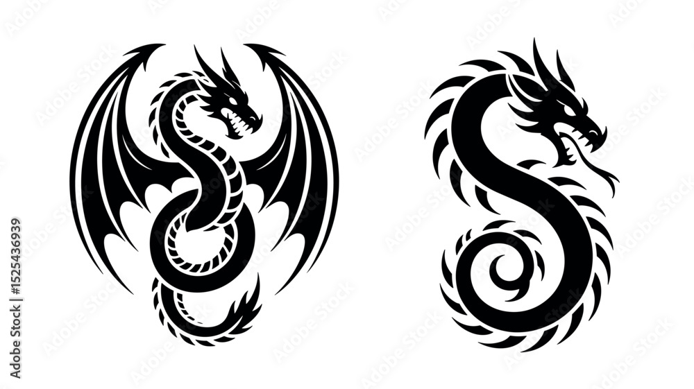 Fototapeta premium Tribal Dragon Vector Set with Coiled and Winged Mythical Creatures on Grunge Background 