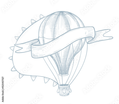 Vector hot air Balloon illustration with ribbon banner for text for baby shower invitations or newborn greeting cards. Linear drawing of aircraft for childish nursery design. Etching of aerostat.