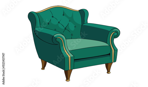 Animated Emerald Green Tufted Armchair Illustration with Gold Trim on a White Background