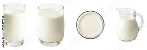 Variety of Fresh Milk in Different Glassware Including Jugs, Cups, and Plates, Isolated on Transparent and White Background