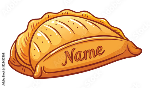 Cartoon Empanada with Name Inscription on White Background, Golden Brown Pastry Illustration