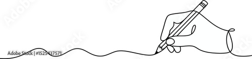 A single flowing line forms the hand, pencil, and a wavy line being drawn.