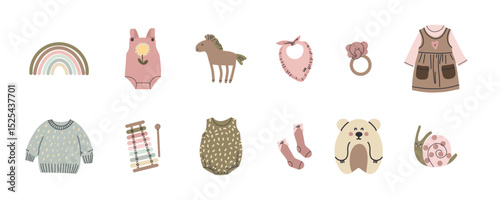 Baby clothes and toys. Pastel newborn bodysuit, hat and pants. Baby and toddler clothing, natural ecological cotton. Cute rattle, wooden rainbow and bear. Vector cartoon flat isolated illustration