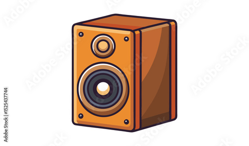 Cartoon illustration of a single retro woodgrain speaker with a tweeter and woofer on white