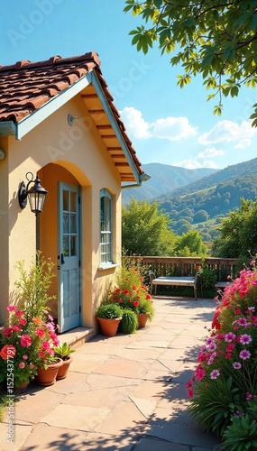 Sun-drenched California bungalow with vibrant flowers, spacious patio, and rolling hills in the background Perfect for real estate, travel, or lifestyle imagery , summer, beautiful, walls