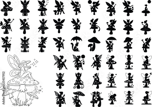Fairy Sitting on Mushroom Silhouette – Magical Fantasy Design Set Enchanted Fairy on Mushroom Silhouette – Whimsical Vector Art Collection photo