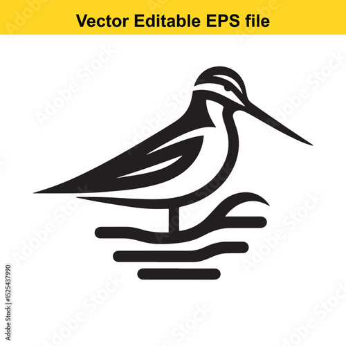 A stylized bird illustration, possibly a sandpiper, wading in shallow water, depicted in a minimalist style.