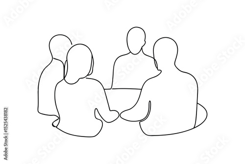 Simple line drawing of four people sitting around a table