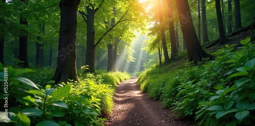 A winding, scenic hiking trail cuts through a lush forest, sunlight dappling the path ahead Discover the beauty of nature on this peaceful woodland escape , peaceful, forest