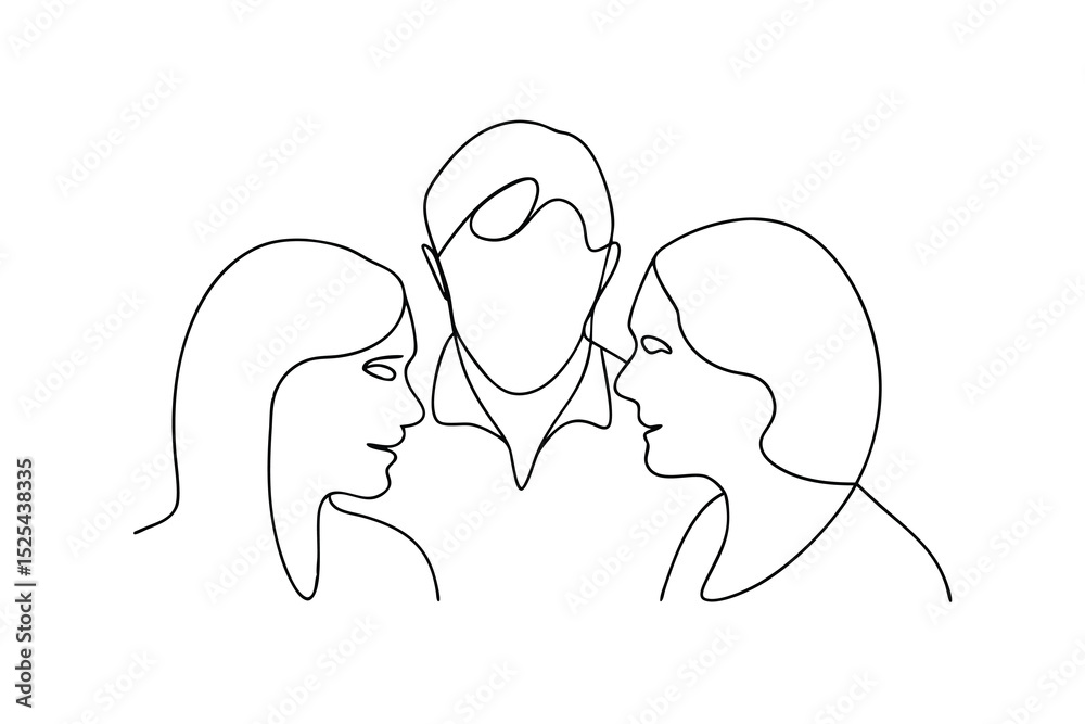 Fototapeta premium Continuous line drawing of a man with two women