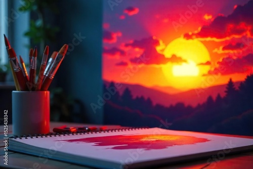 Close-up of paintbrushes, a sketchbook, and a vibrant sunset projected onto a wall, symbolizing the fiery passion for a creative future , fulfillment, path