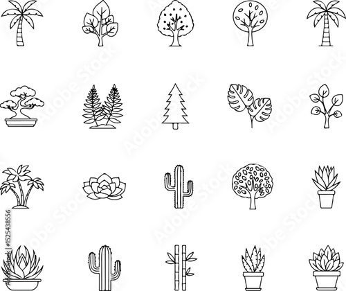 Diverse Line Art Tree And Plant Icons Set- Botanical Outline Collection.