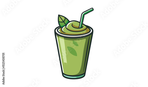 Green Matcha Smoothie with Straw and Leaf Garnishment on a White Background. Isolated