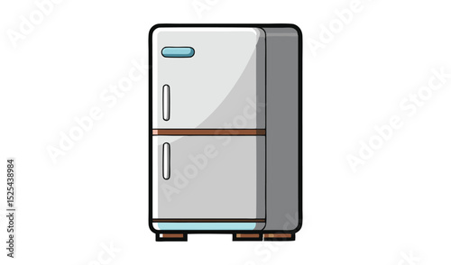 Isolated cartoon refrigerator gray fridge with two doors, blue accents, and black outline stands alone