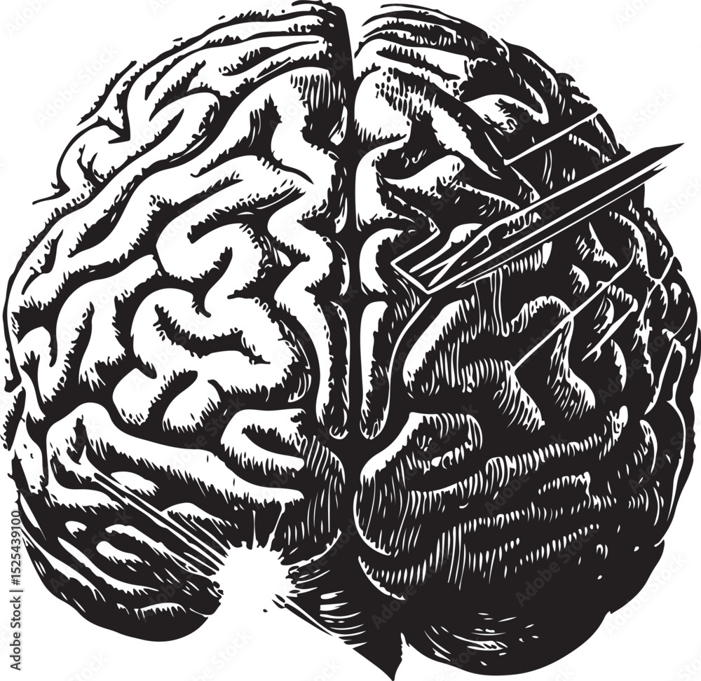 Vintage digital vector art of human brain anatomy with floral circuit patterns and fingerprint textures