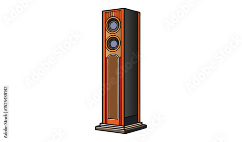 Isolated of a Wooden TwoSpeaker Tower with Decorative Panels on a White Background