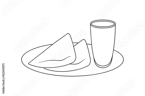 Line drawing of samosas and a glass of milk on a plate