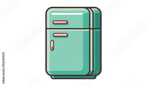 Retro TwoDoor Refrigerator Illustration Vintage Mint Green Appliance with Dark Brown Outline Isolated on White