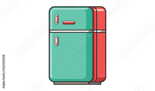Retro TwoTone Refrigerator Illustration Teal and Red Vintage Fridge, Kitchen Appliance Icon