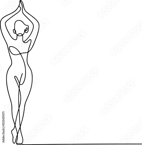 is continuous line art of a person in a yoga pose. The elegant single line depicts a figure in a standing posture with arms raised. It represents yoga, balance, wellness, and minimalist aesthetic.