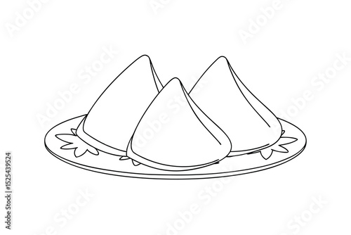 Line drawing of three samosas on a plate