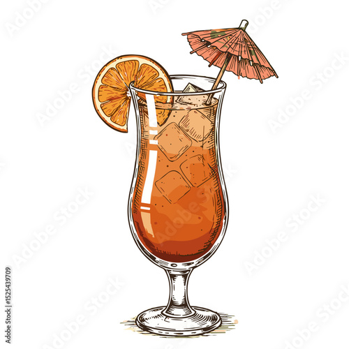 Tropical cocktail with orange slice and umbrella on white background  