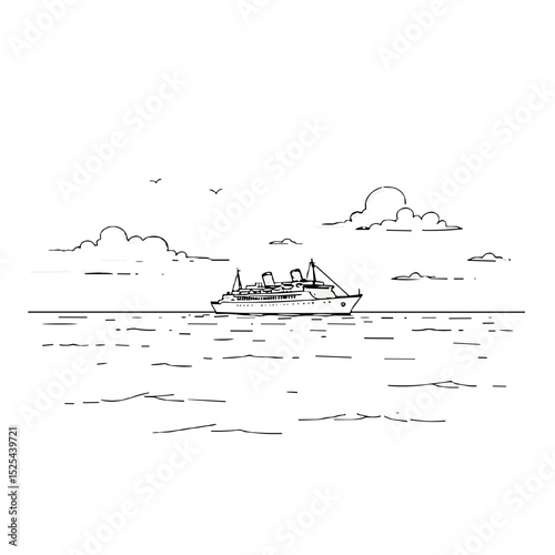 Sailing boat sketched on calm waters under a cloudy sky  