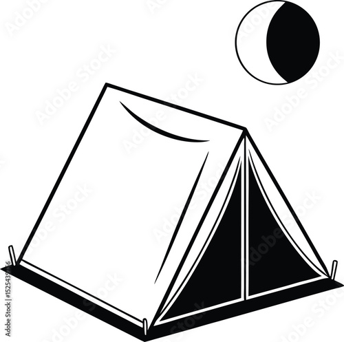 Camping tent silhouette, crescent moon icon, outdoor night vector, simple camp scene, black nature design