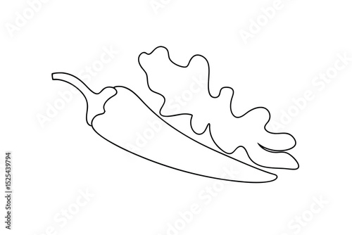 Single line drawing of chili pepper with leaf