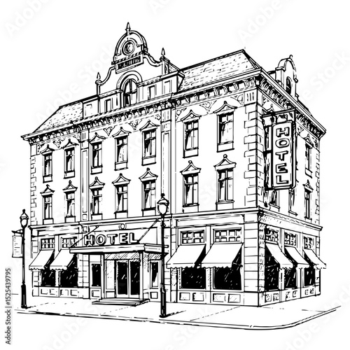 Classic hotel building illustration with intricate architectural details  