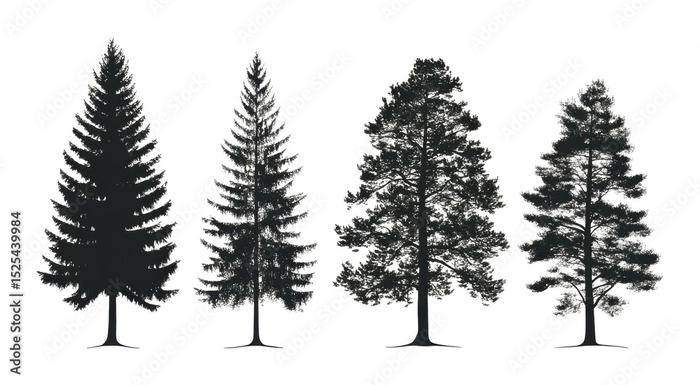 Obraz premium Silhouetted trees showcase diverse species nature scene art minimalist style isolated on transparent background
