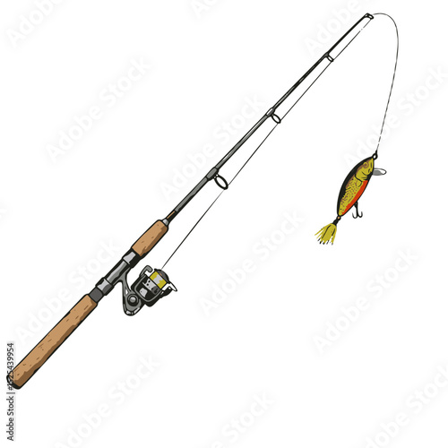 Fishing rod with lure ready for angling on a white background  