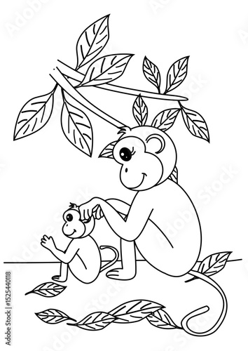 family monkey, mama monkey search lice on kid, coloring book