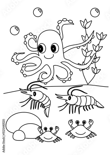 cartoon octopus under the sea, coloring book for children