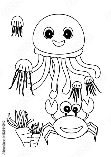 jelly fish, crabs under the sea, coloring book for children